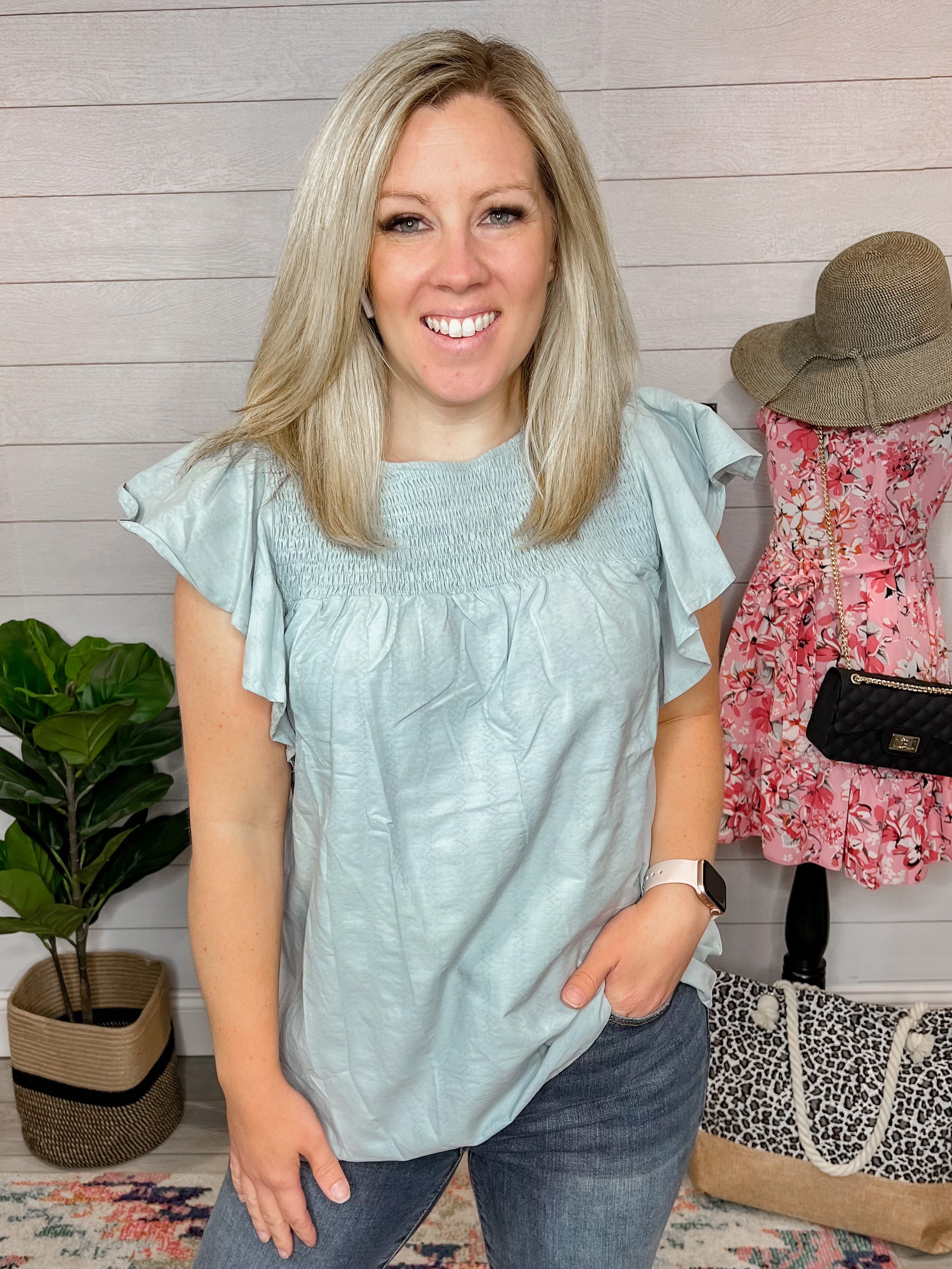 Seafoam Smocked Flutter Sleeve Blouse