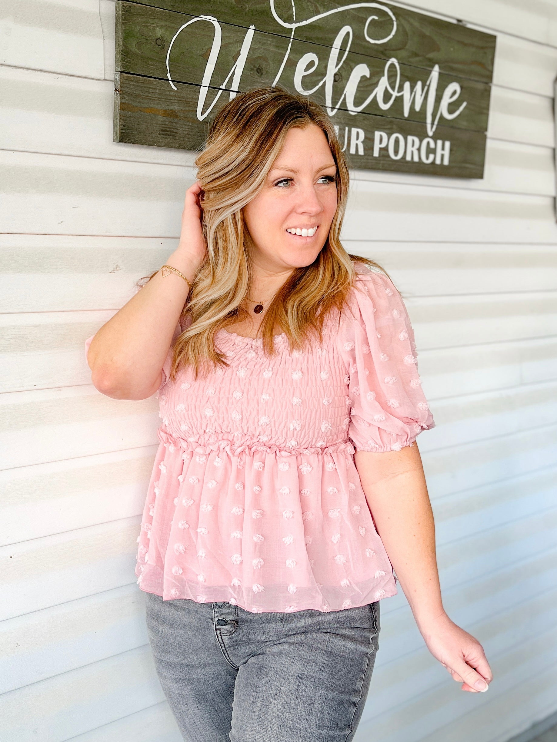 Swiss Dot Babydoll Top in Blush