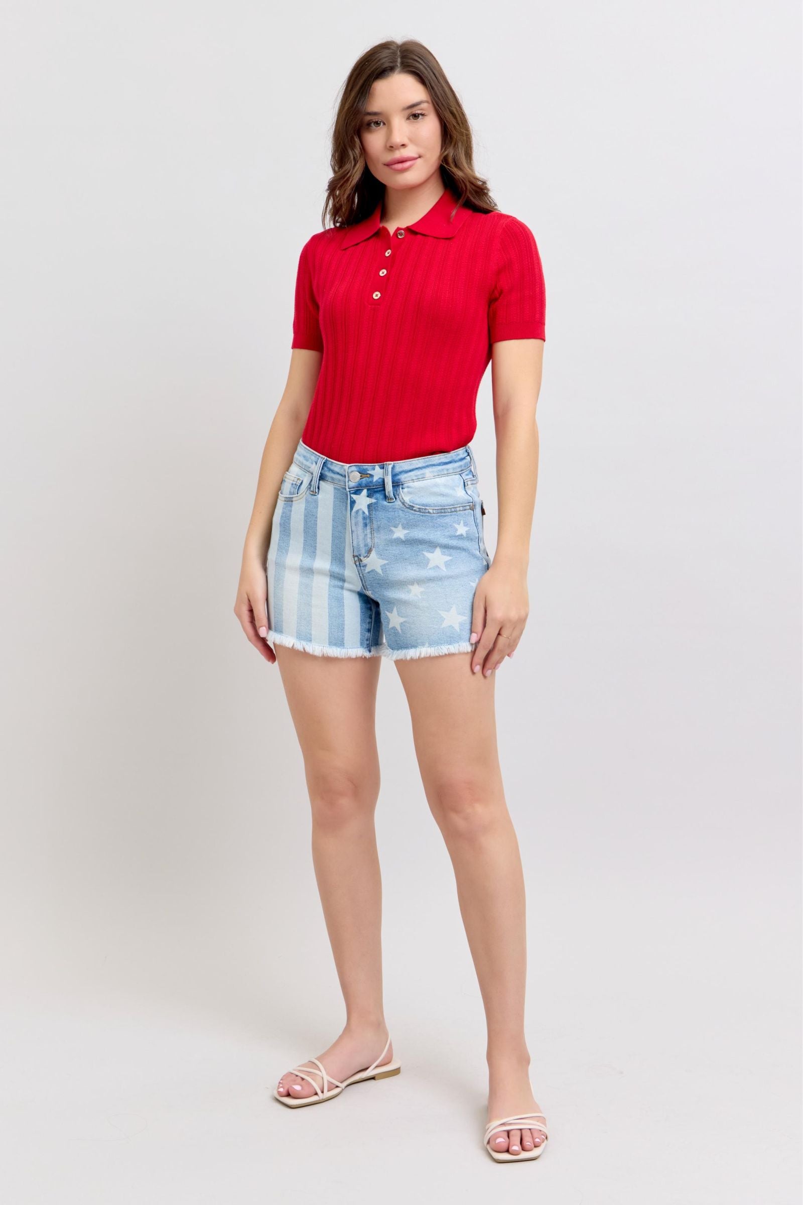 Stars & Stripes Bleach Design Fray Hem Denim Shorts