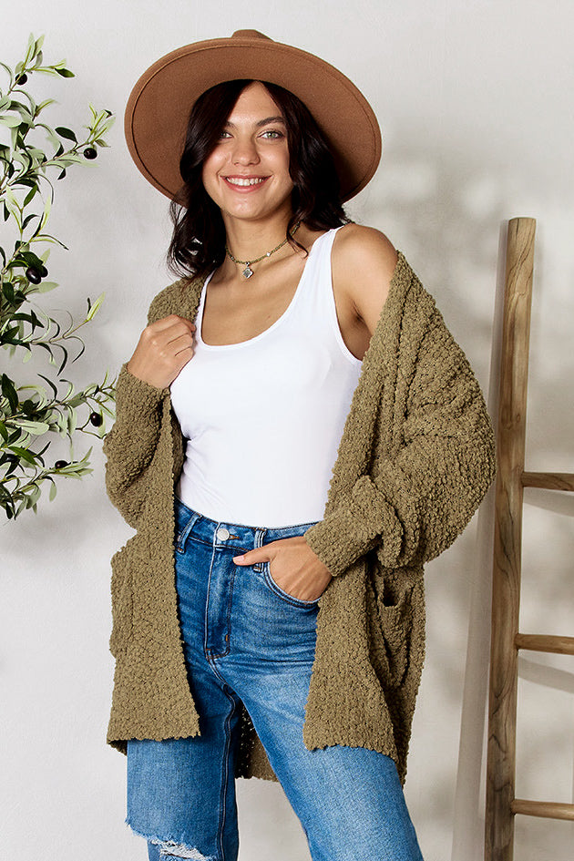 Falling For You Popcorn Cardigan in Olive