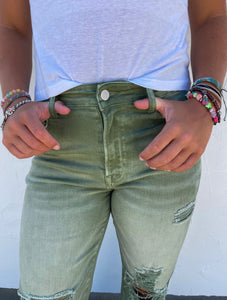 Sage Distressed Wide Leg Dad Jeans in Olive