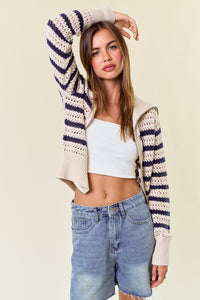 Navy Striped Pointelle Zip Up