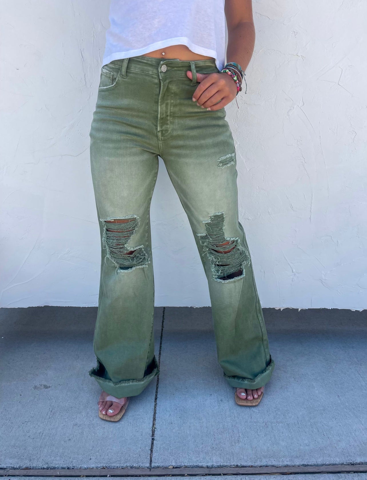 Sage Distressed Wide Leg Dad Jeans in Olive