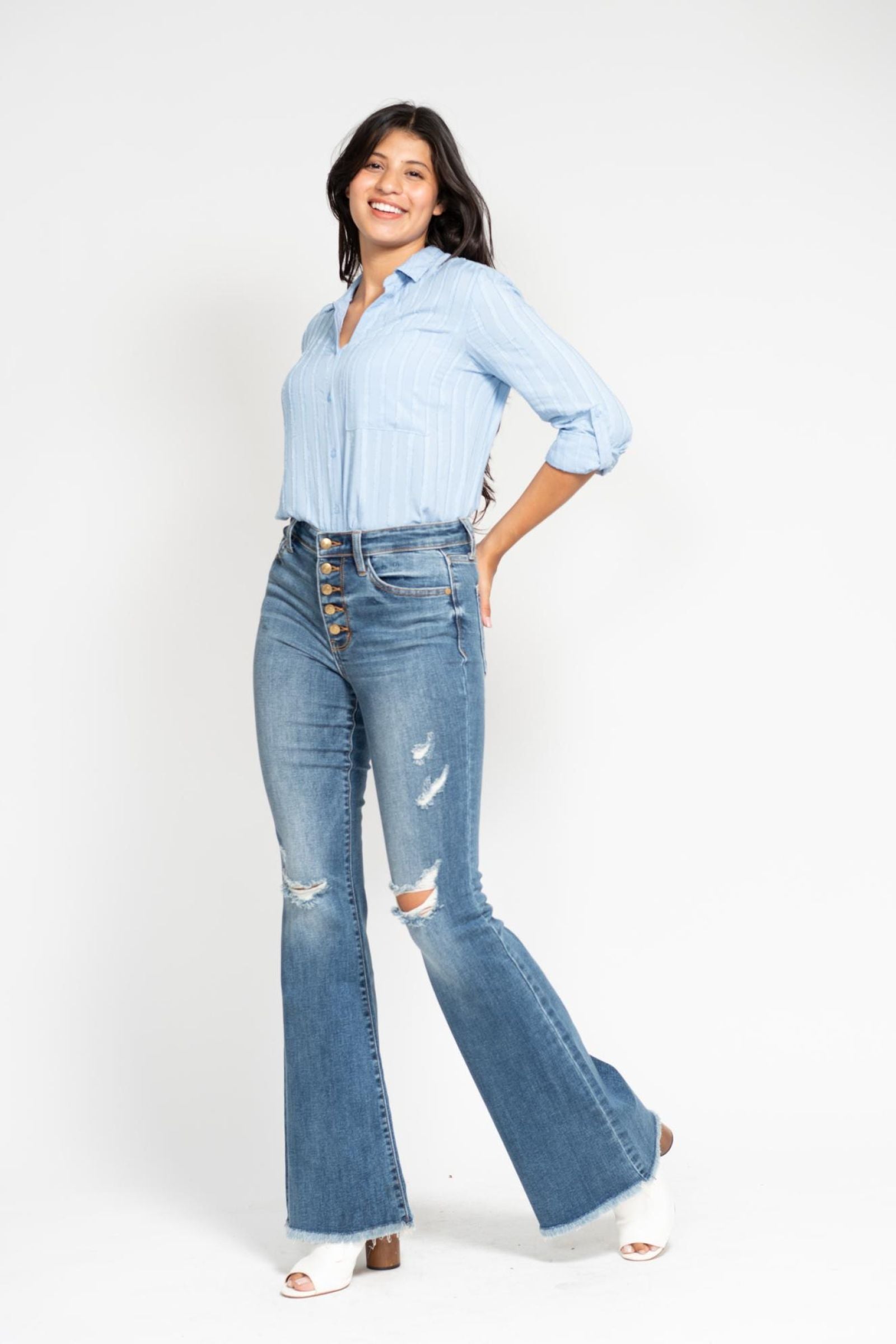 Fallon Mid Rise Button Fly Flares