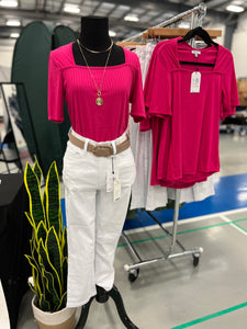 Ms Brightside Ribbed Square Neck Top in Fuchsia