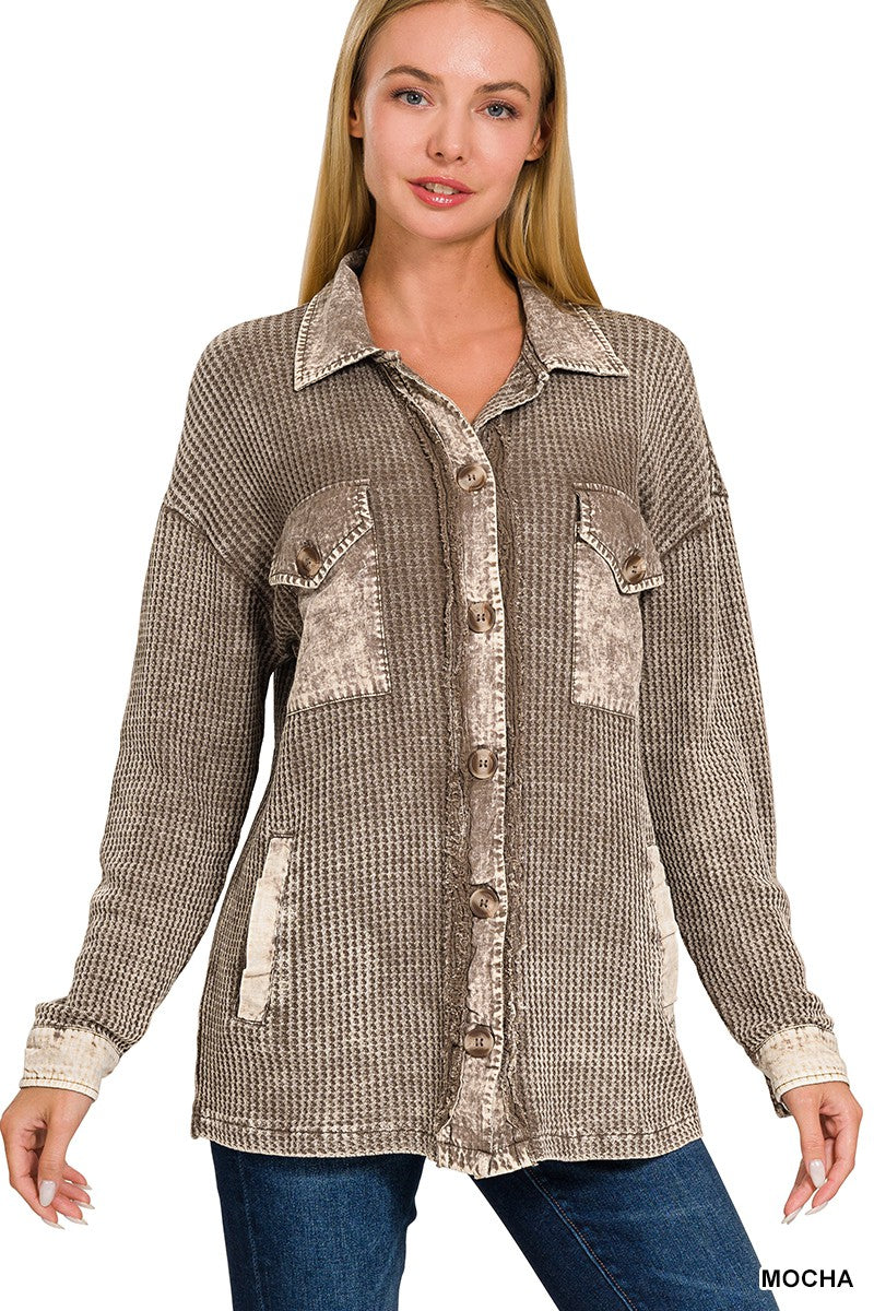 Nikki Waffle Knit Lightweight Shacket in Mocha