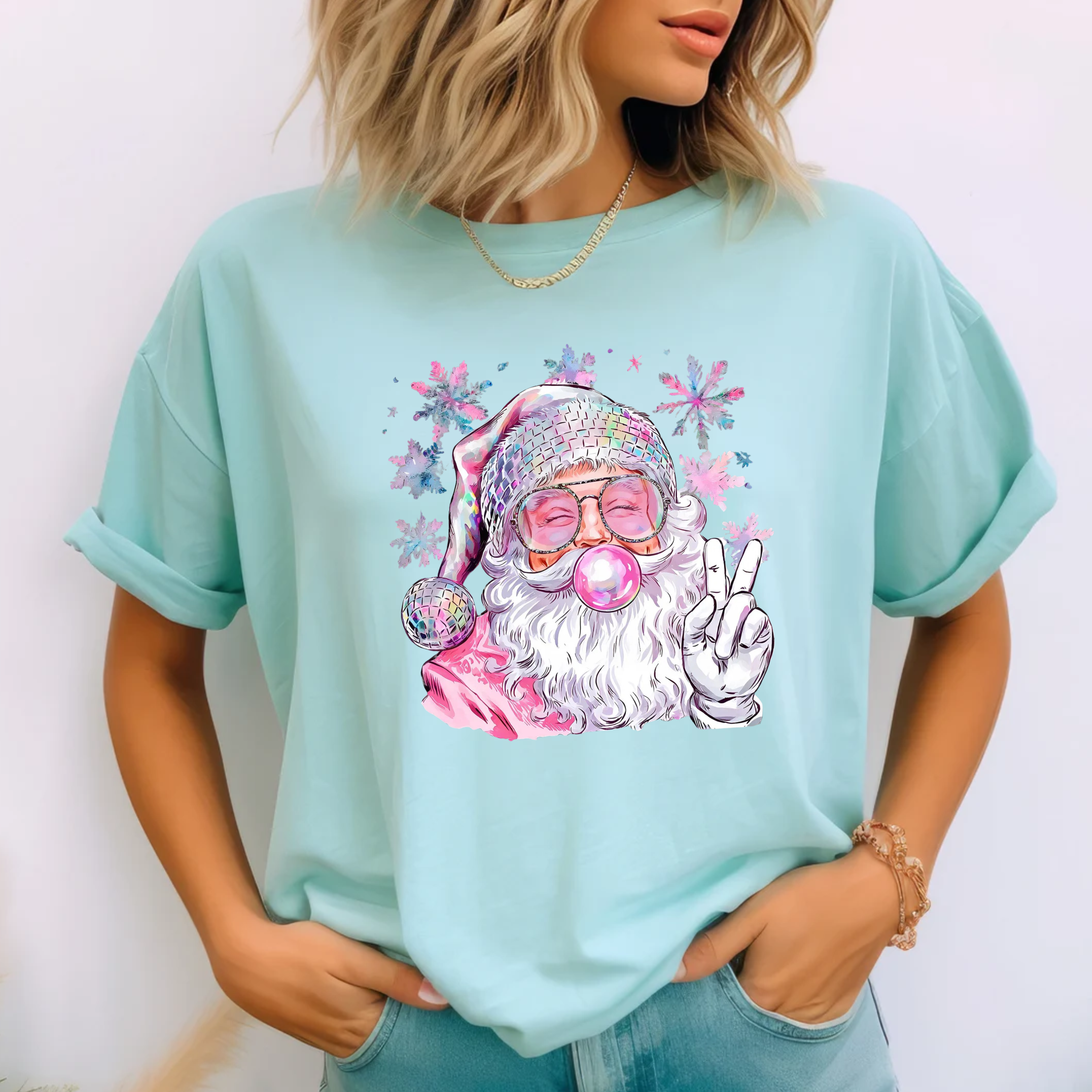 Bubblegum Santa Tee on Chalky Mint