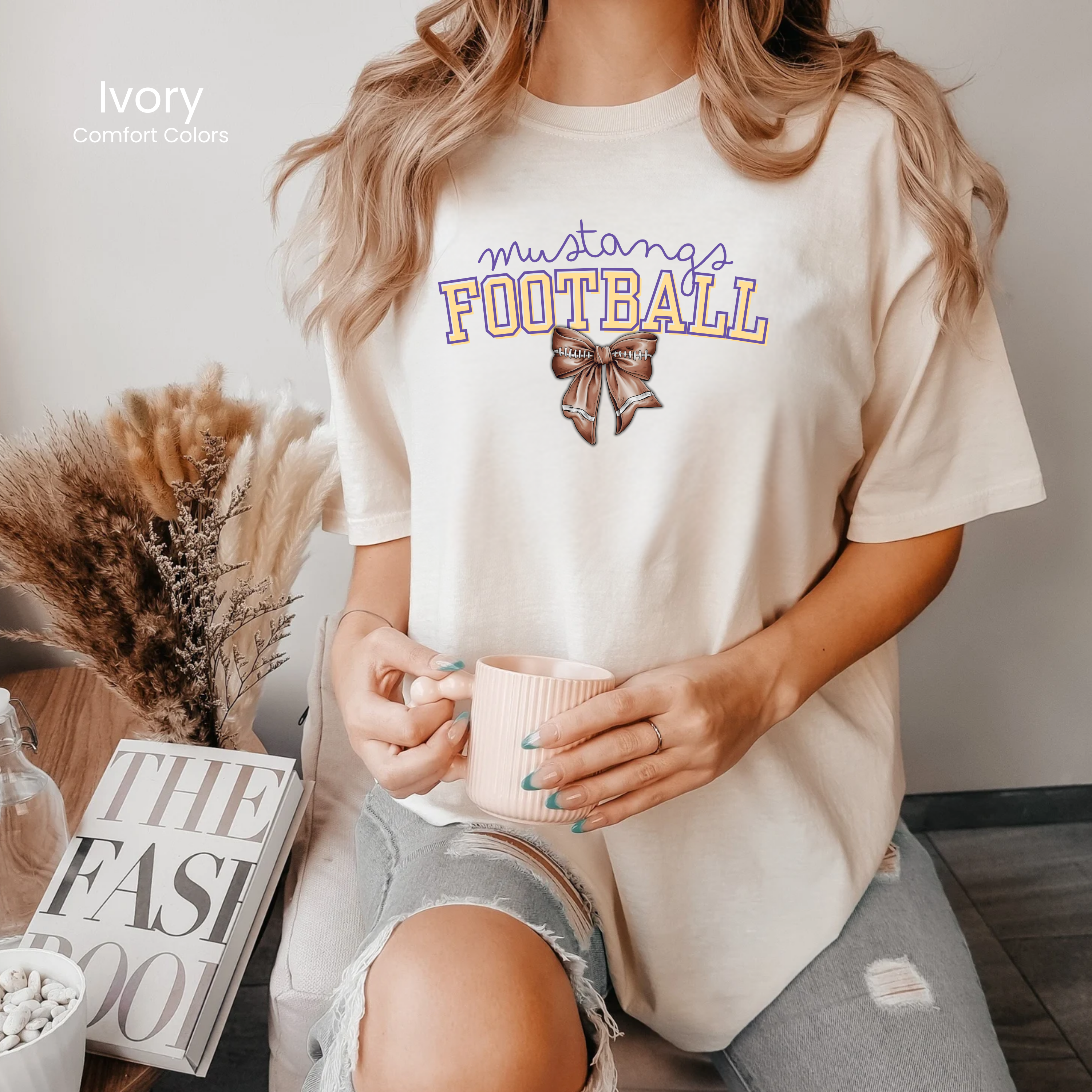 Comfort Colors Mustangs Football Bow Tee