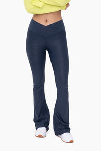 Leather Look Crossover Flared Leggings in Navy