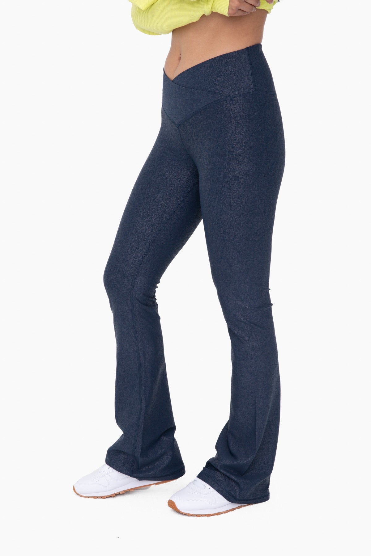 Leather Look Crossover Flared Leggings in Navy
