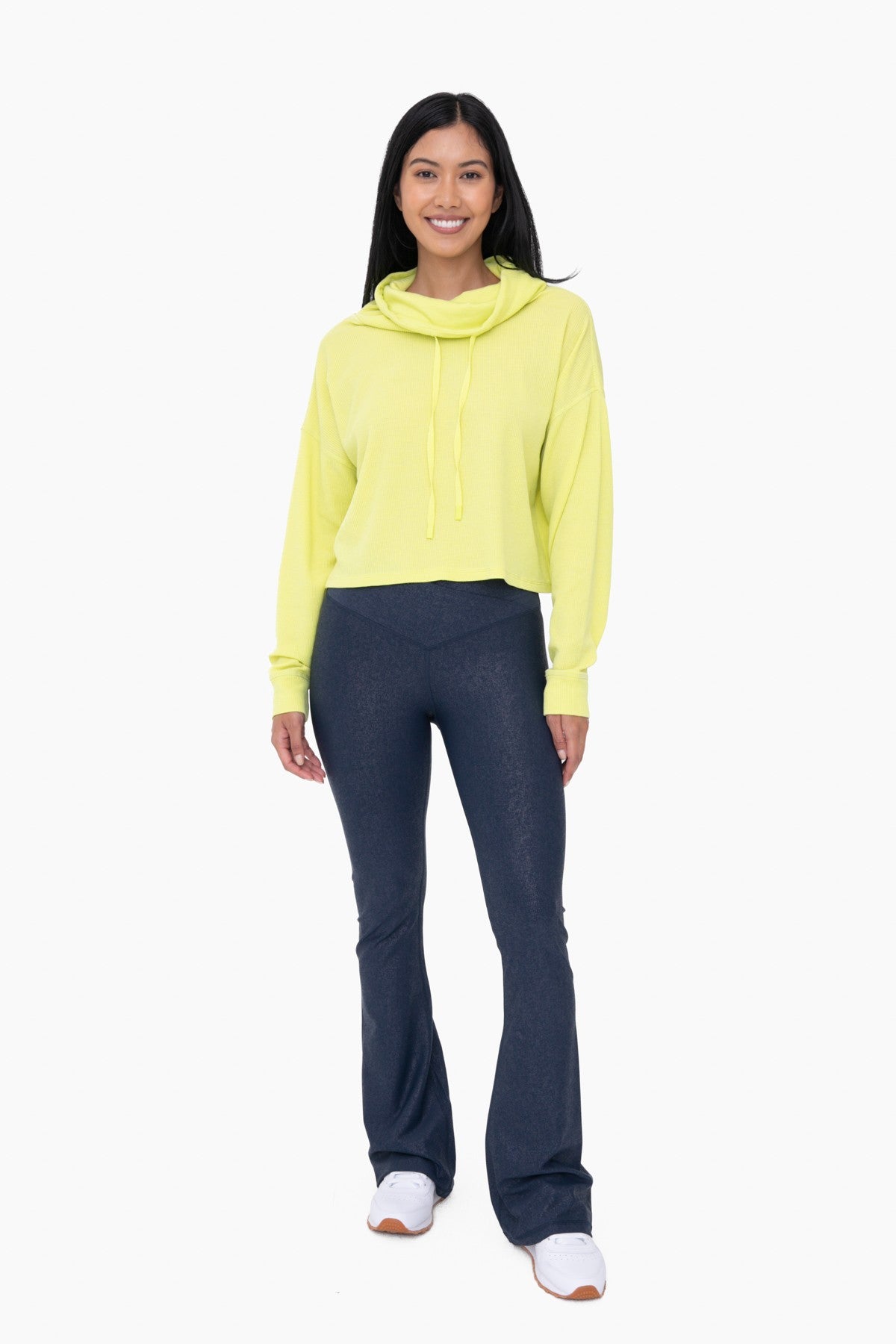 Leather Look Crossover Flared Leggings in Navy