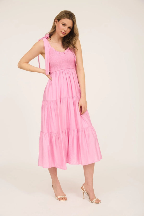 Sweetheart Smocked Tiered Maxi Dress in Pink