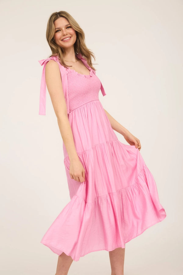 Sweetheart Smocked Tiered Maxi Dress in Pink