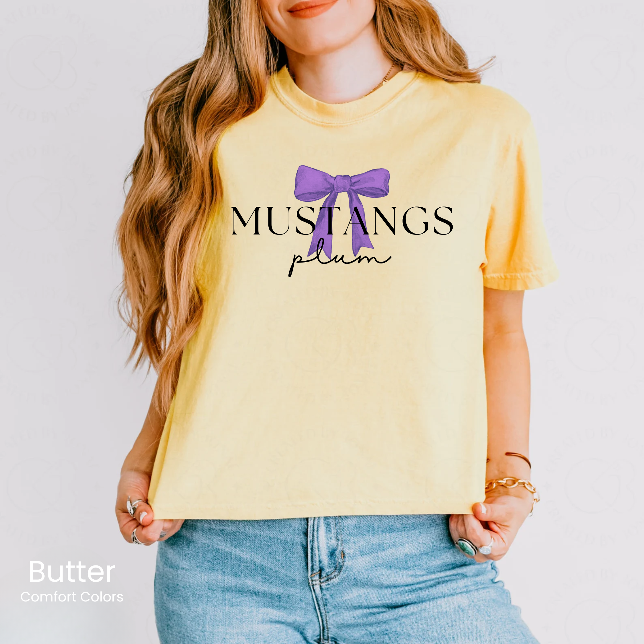Comfort Colors Boxy Crop Plum Mustangs Bow Tee