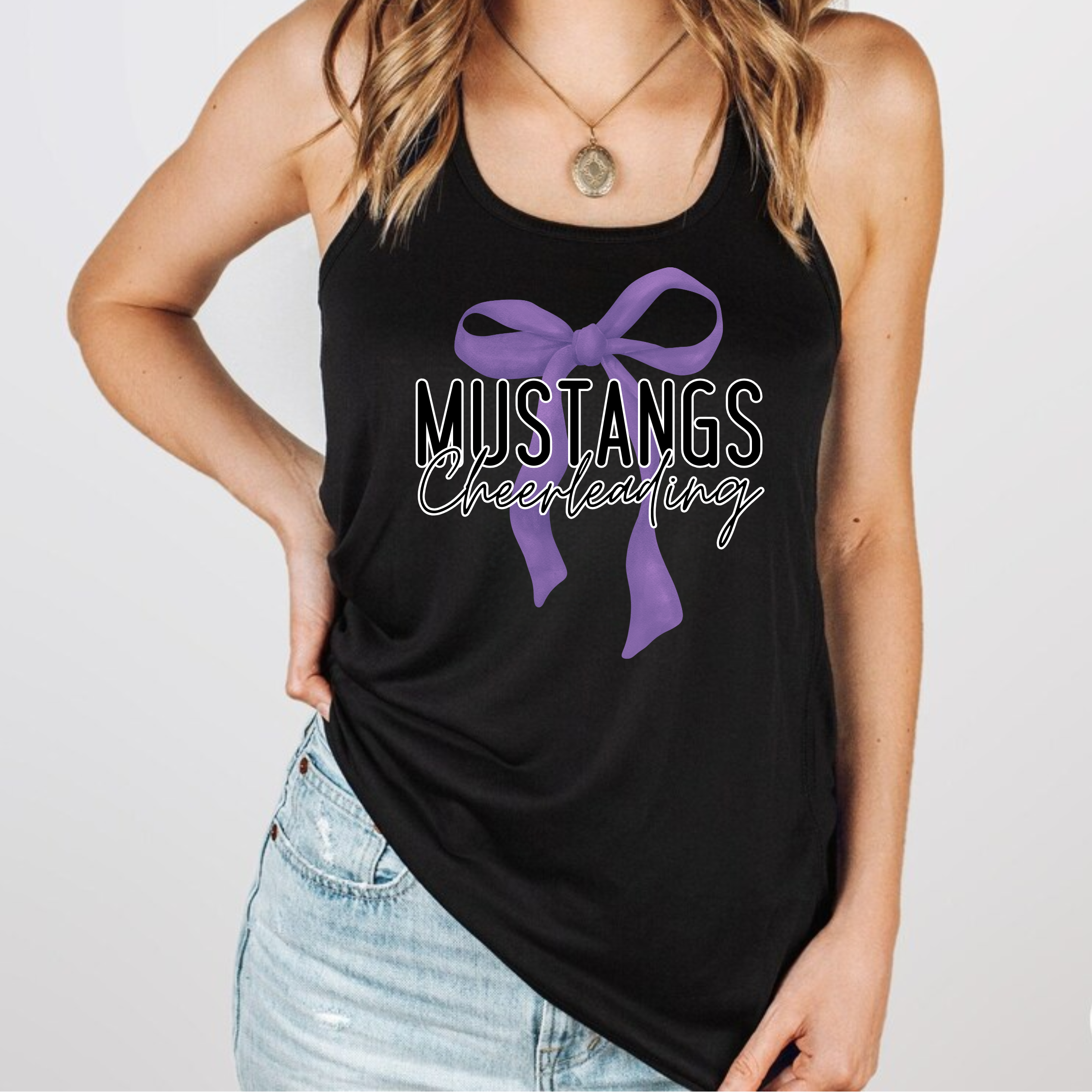 Mustangs Cheerleading Bow Flowy Racerback Tank