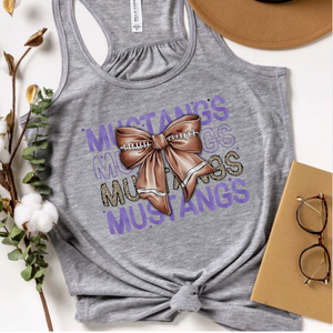 Mustangs Watercolor Football Bow Flowy Racerback Tank