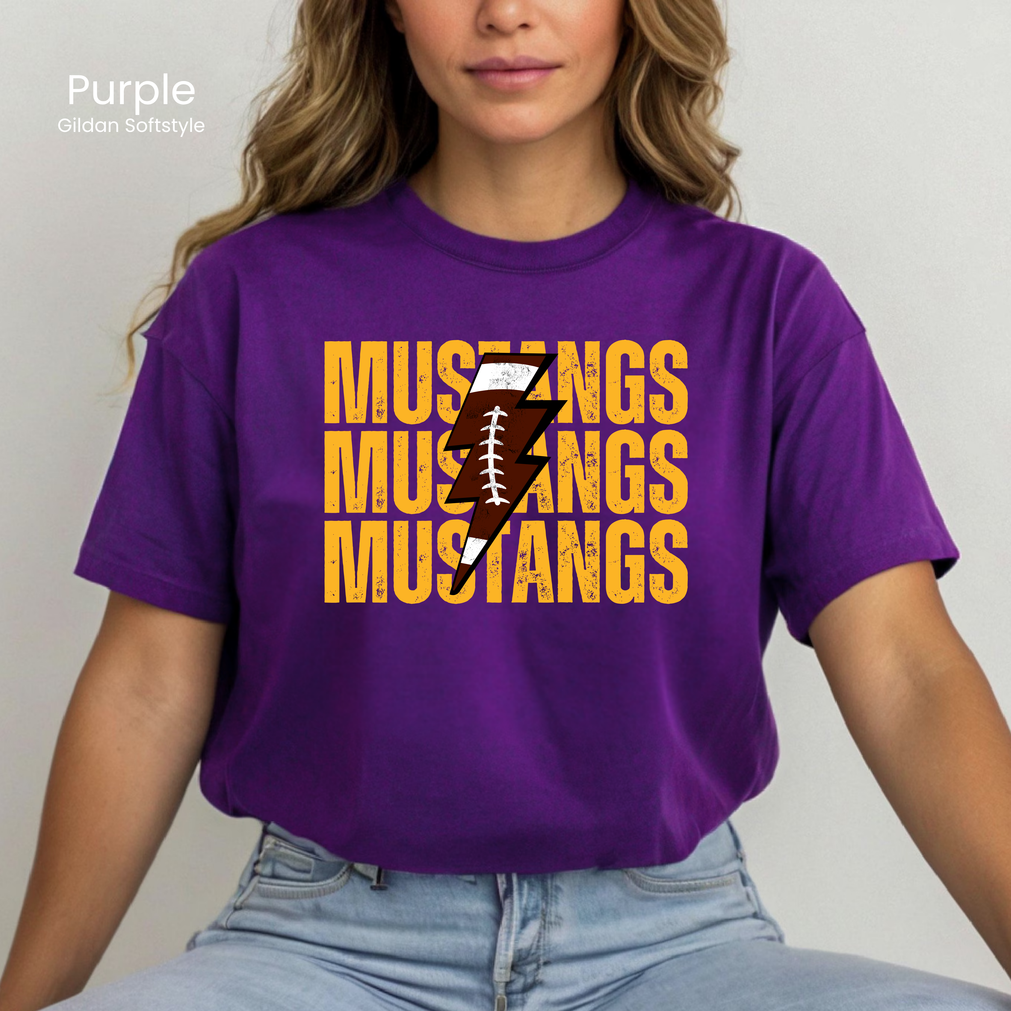Gildan Softstyle Mustangs Football Lightening Bolt Tee