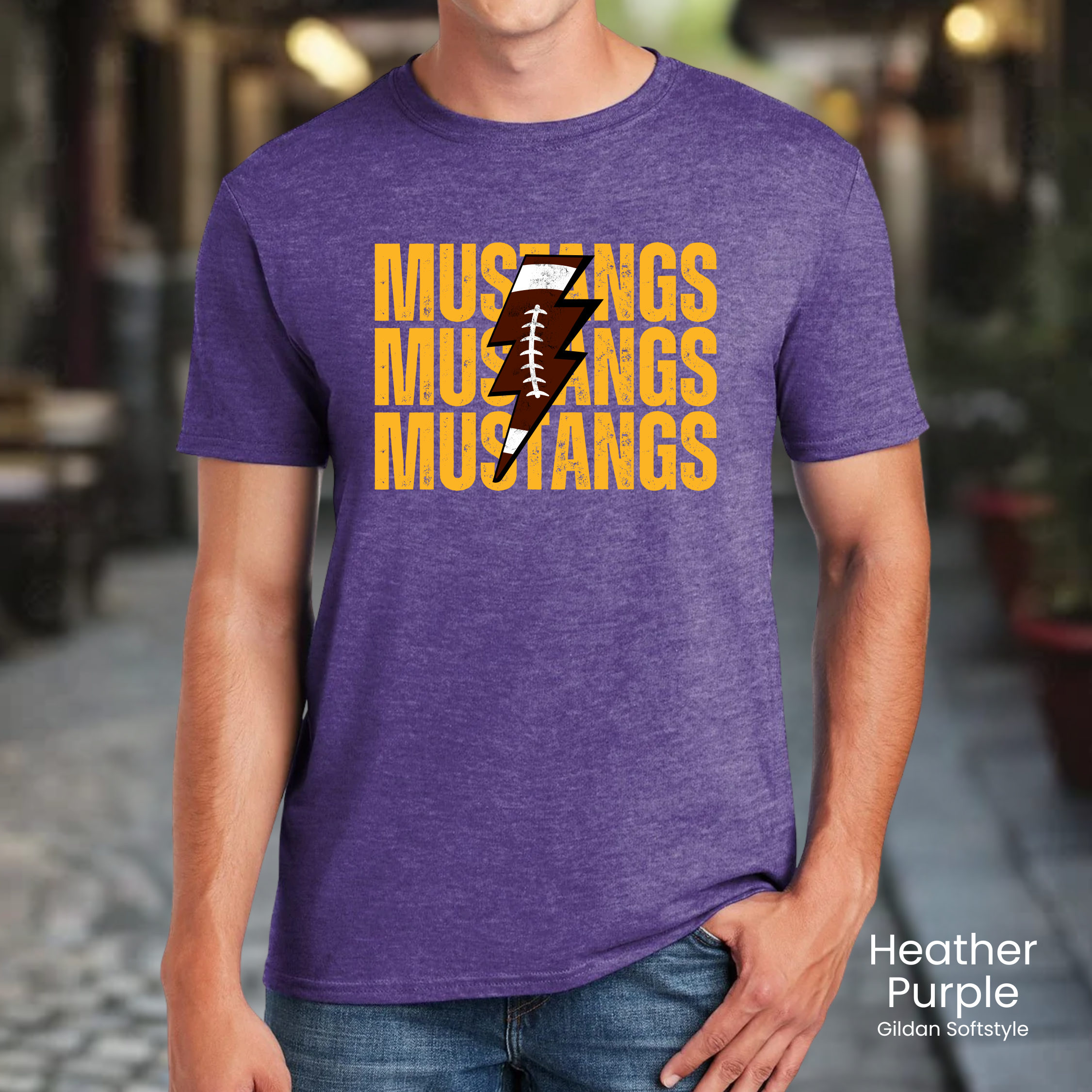 Gildan Softstyle Mustangs Football Lightening Bolt Tee