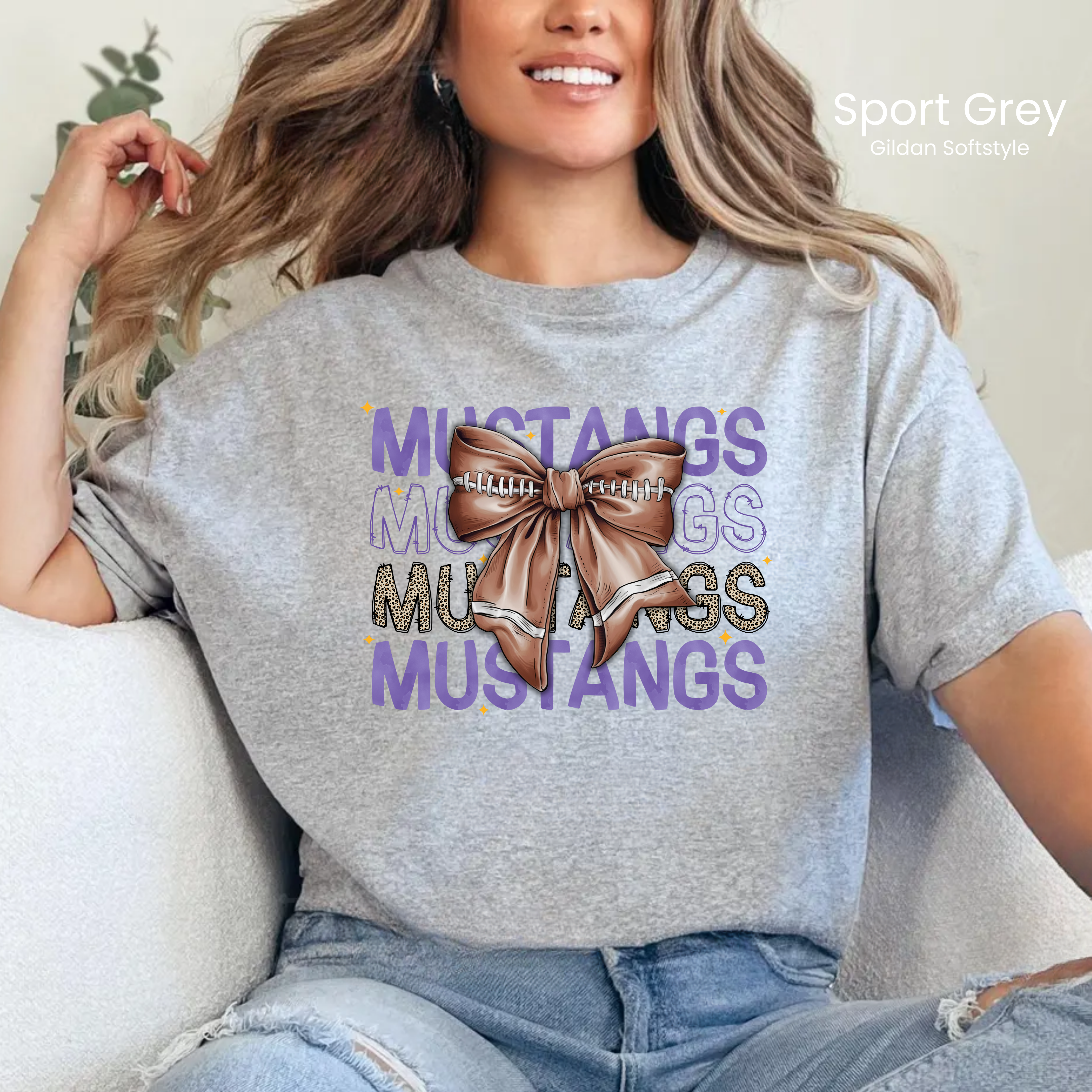 Gildan Softstyle Mustangs Watercolor Football Bow Tee