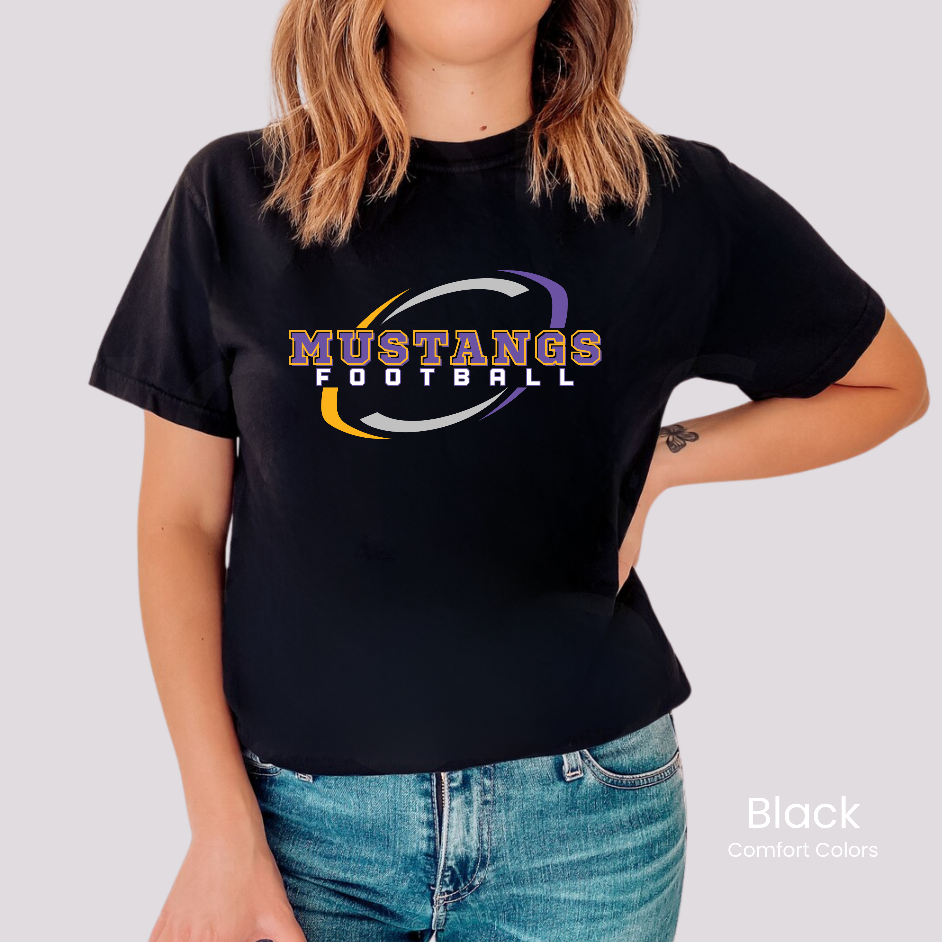 Comfort Colors Boxy Crop Mustangs Football Swirl Tee