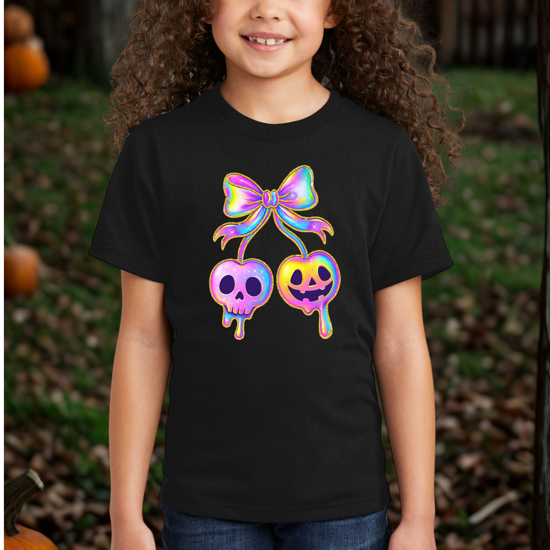 Youth Iridescent Skeleton & Pumpkin Cherries Tee
