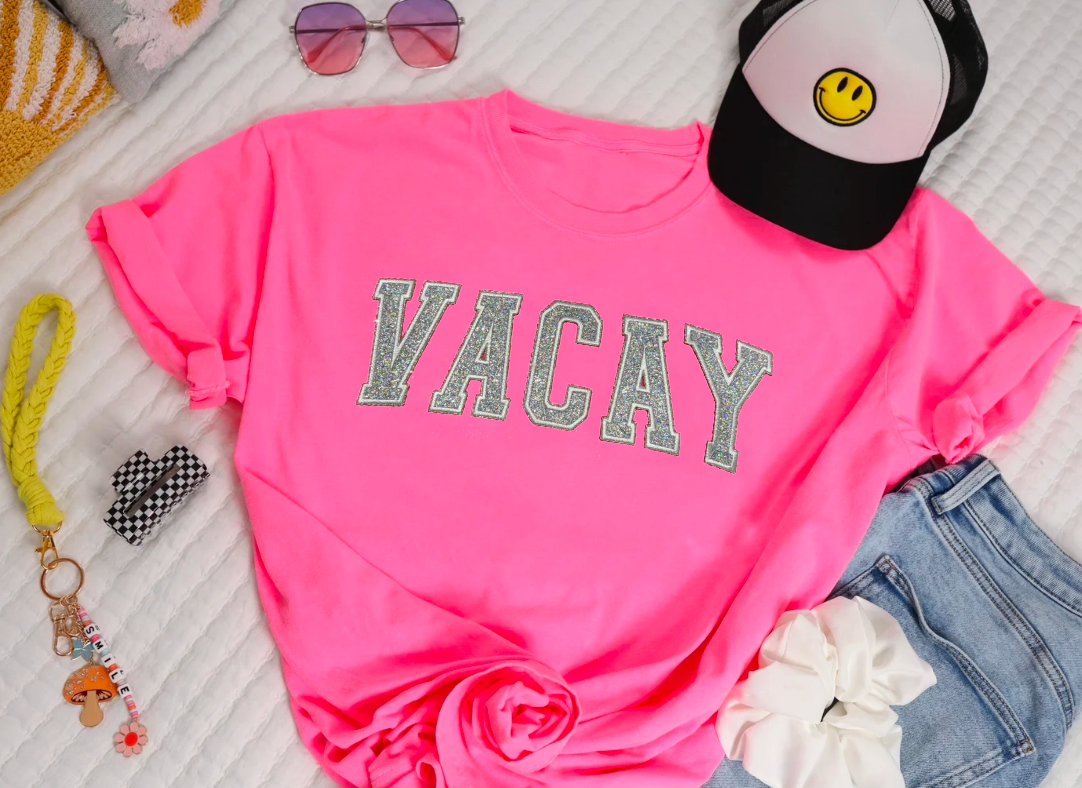 VACAY Glitter Embroidered Patch Neon Pink Tops