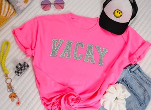 VACAY Glitter Embroidered Patch Neon Pink Tops