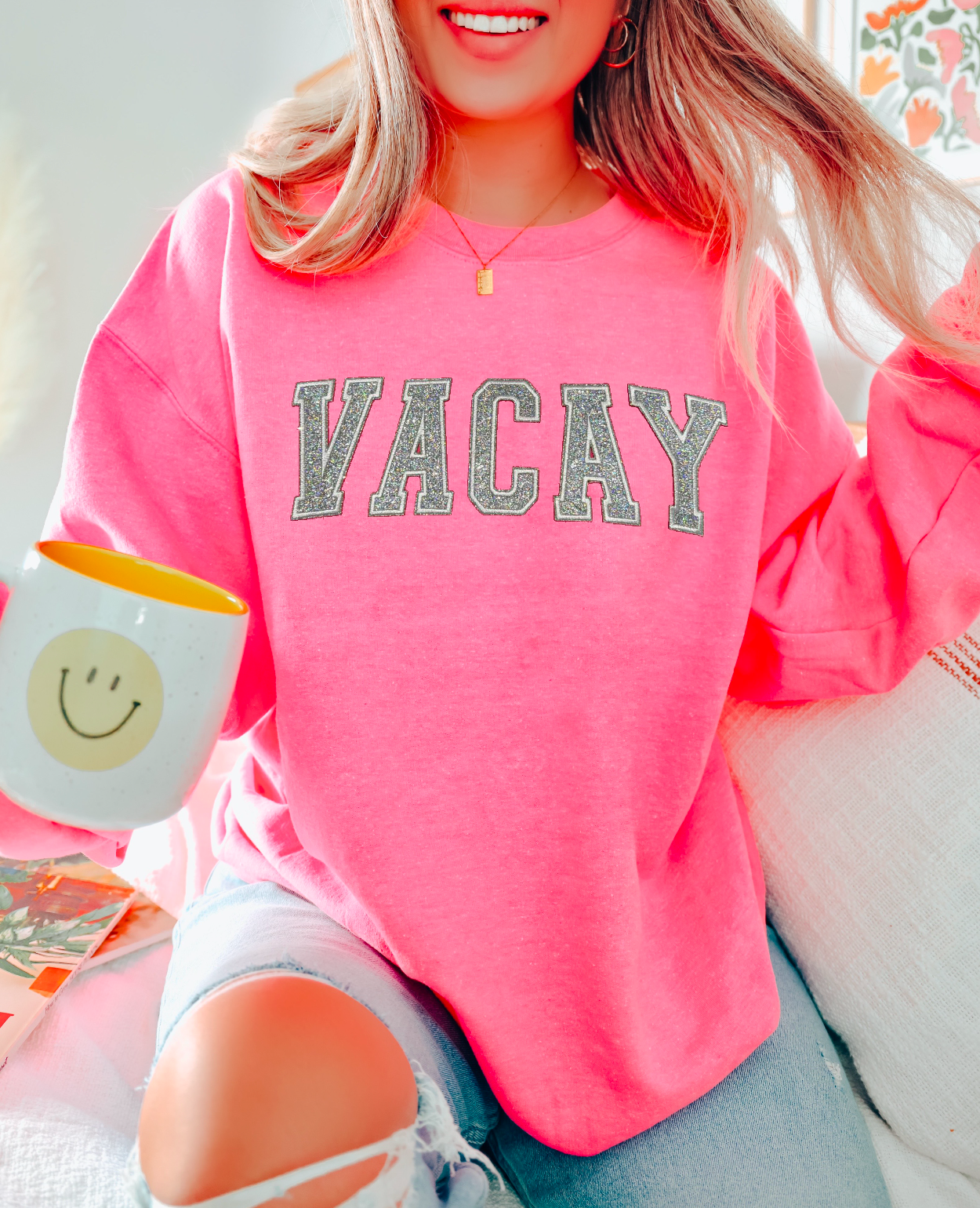 VACAY Glitter Embroidered Patch Neon Pink Tops