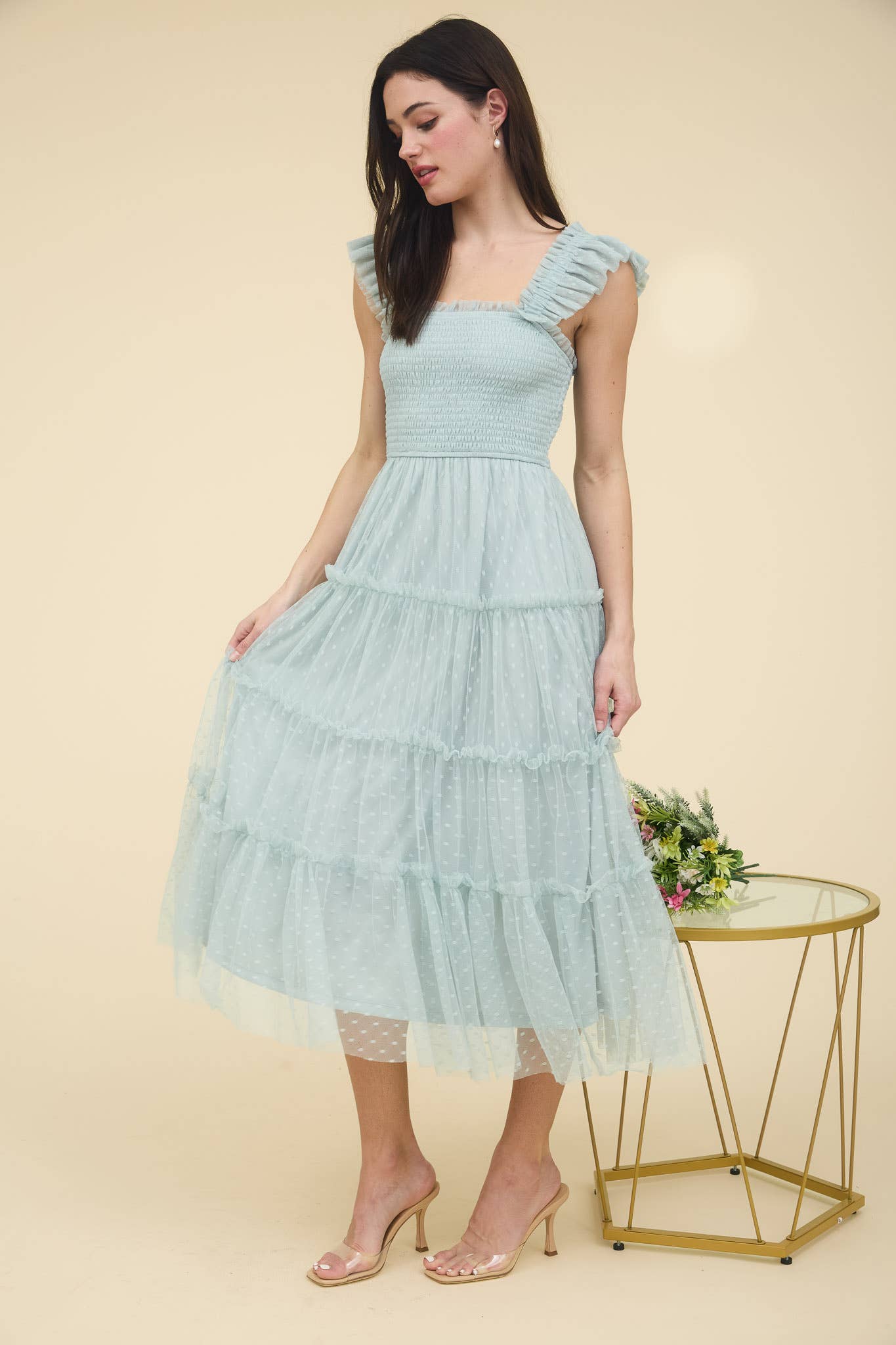 Polka Dot Chiffon Smocked Tiered Midi Dress in Sage