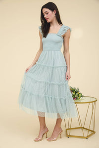 Polka Dot Chiffon Smocked Tiered Midi Dress in Sage