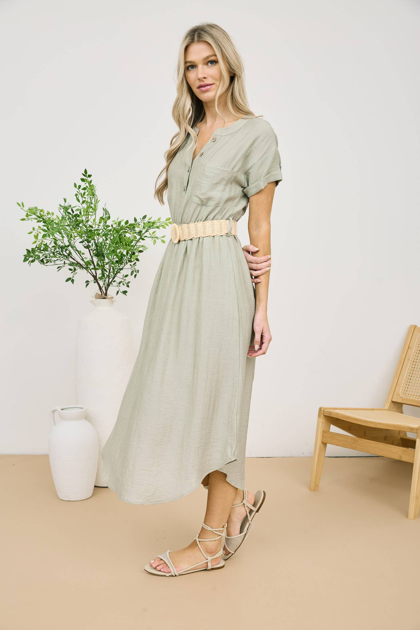 Light Olive Short Sleeve Midi Shirt Dress