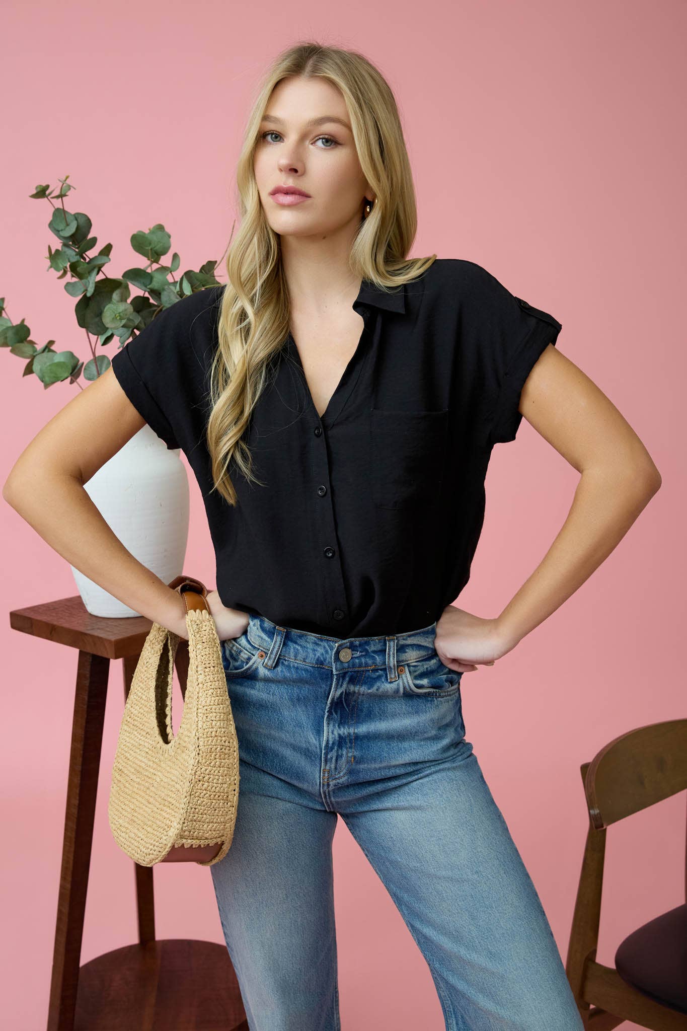 Short Sleeve Button Down in Black