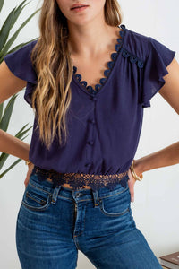 Scallop Lace Trim Crop Top in Navy