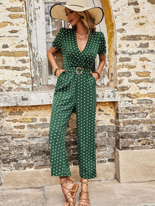 Polka Dot Belted Jumpsuit with Pockets in Green