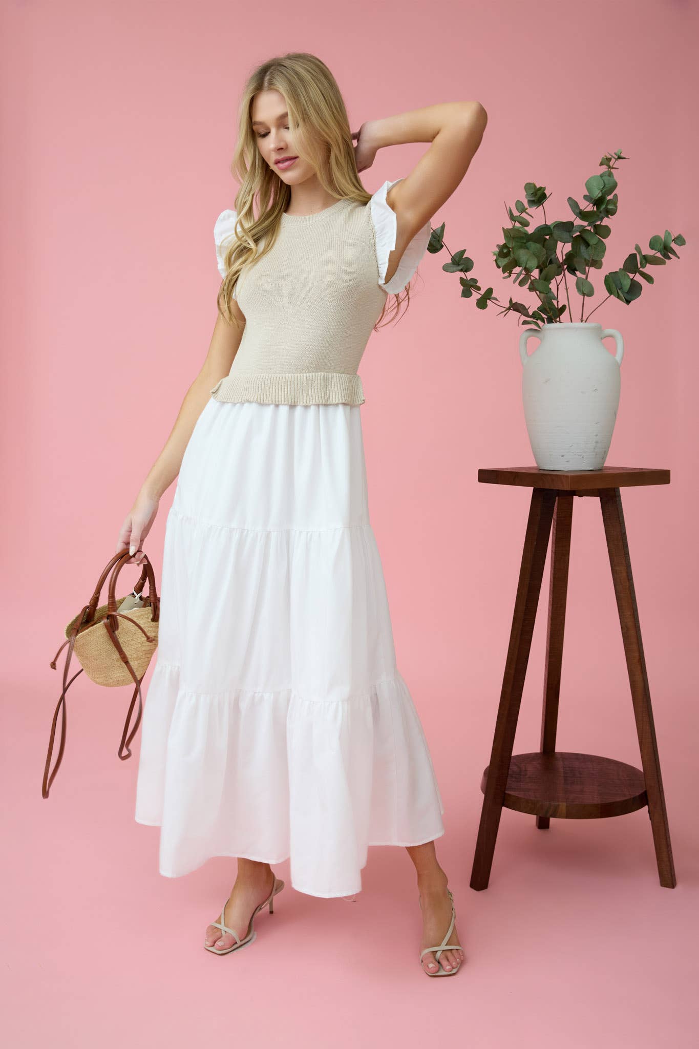 Light Taupe Sweater Vest Midi Dress