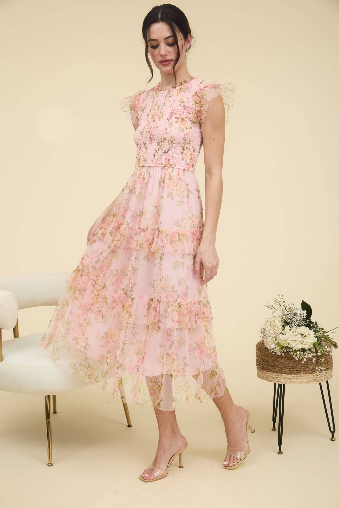 Pink Floral Smocked & Tiered Maxi Dress