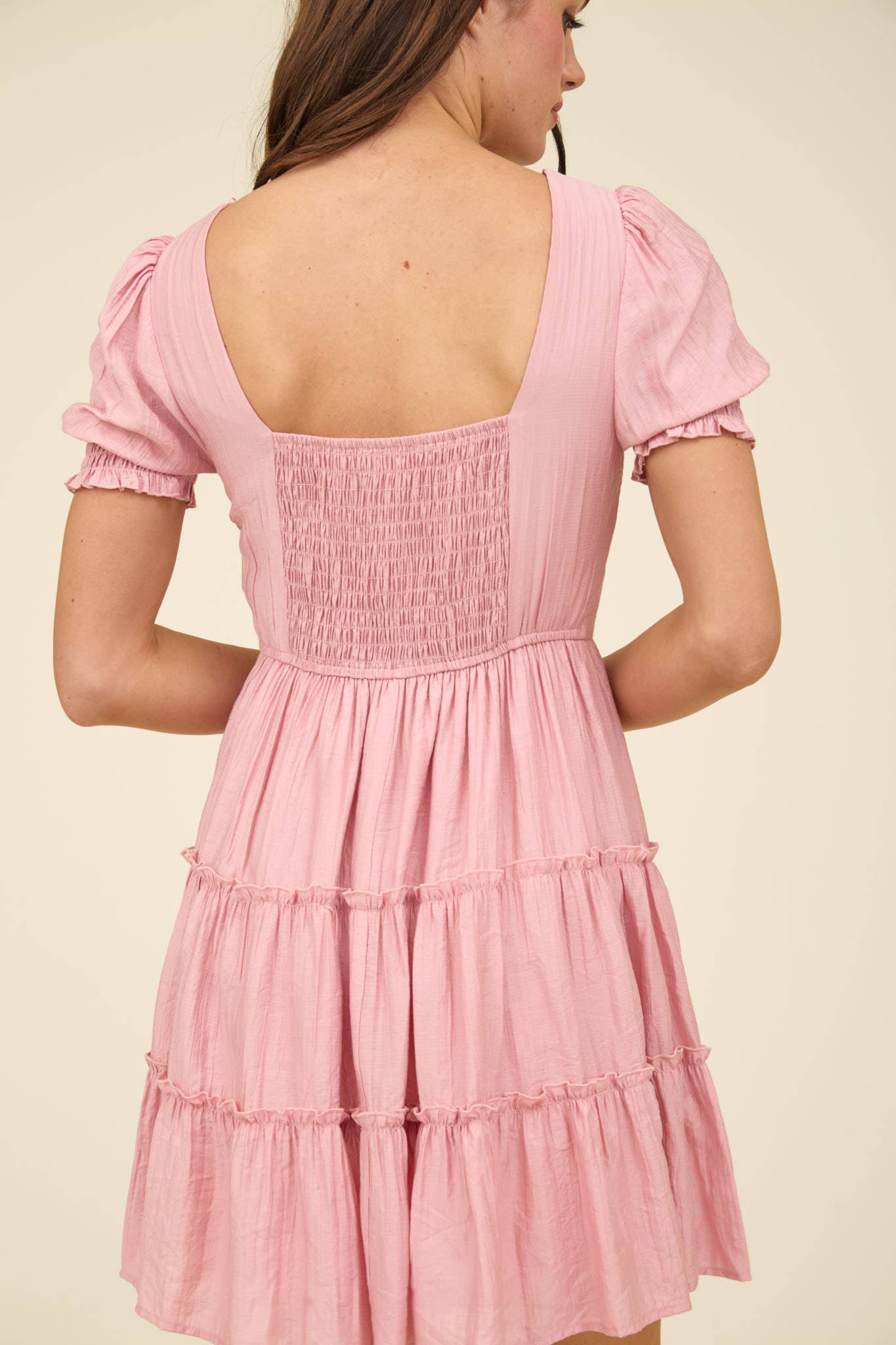 Pink Square Neck Smocked Mini Dress