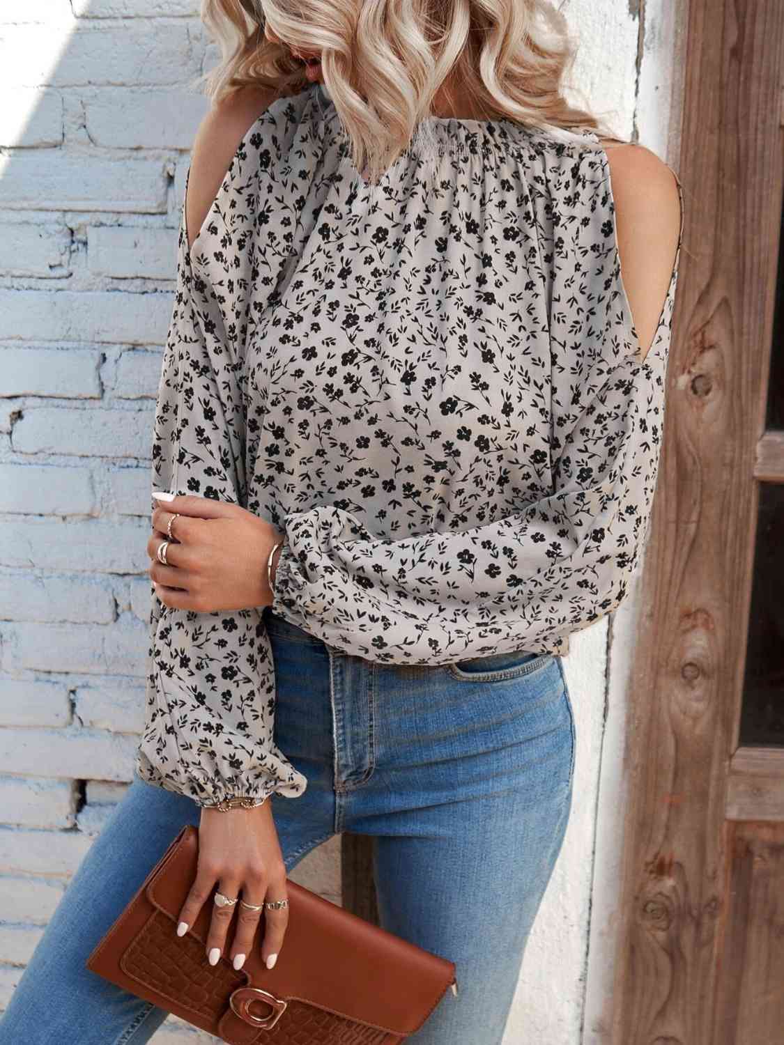 Light Grey Floral Cold-Shoulder Blouse