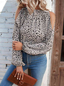 Light Grey Floral Cold-Shoulder Blouse