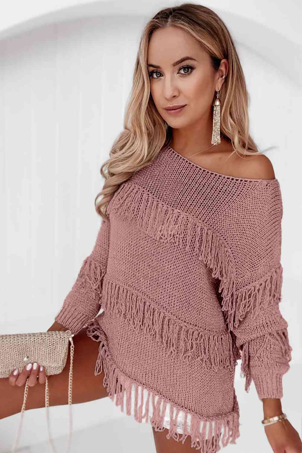 Moonlit Mauve Boatneck Fringe Sweater
