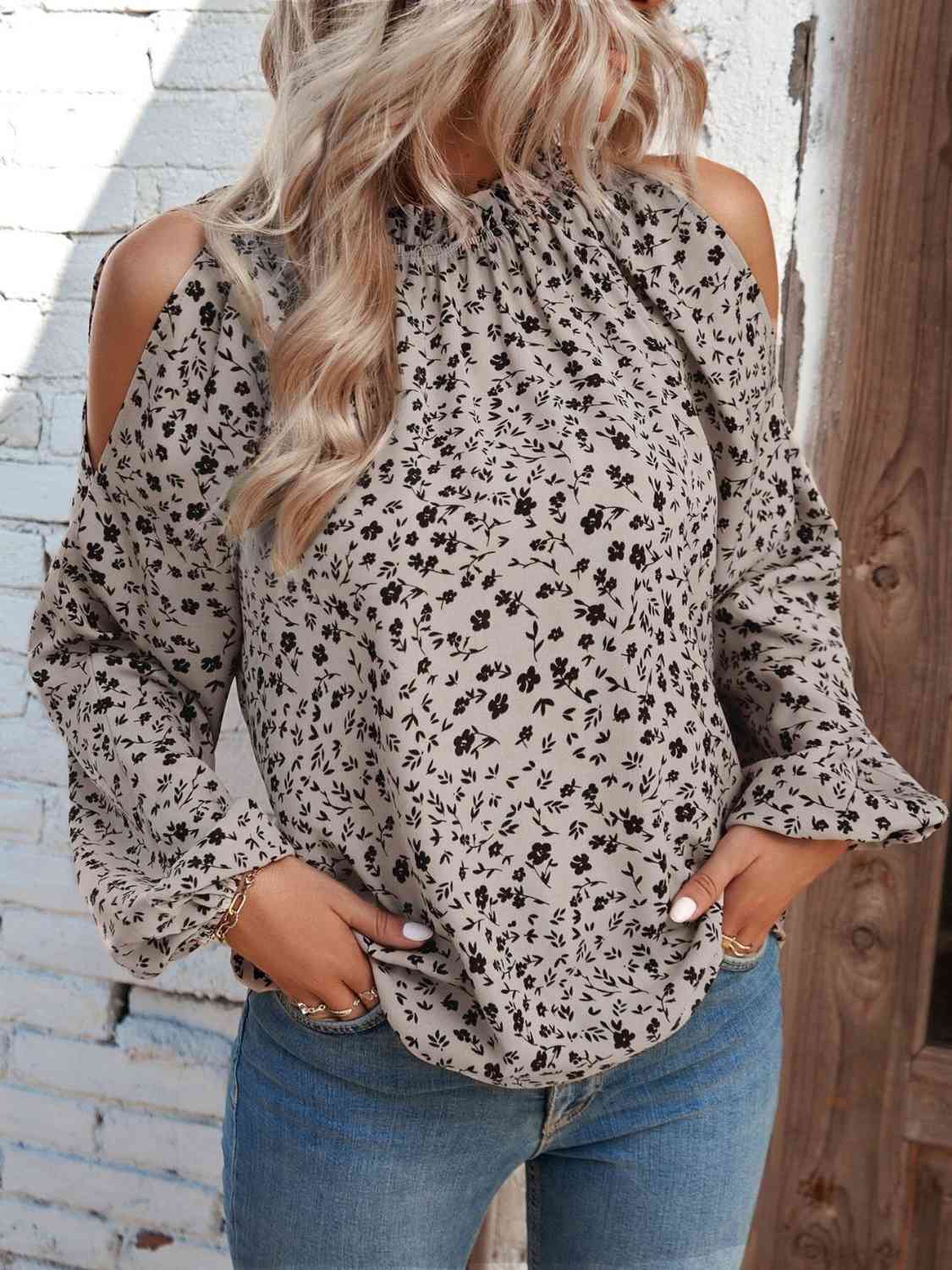 Light Grey Floral Cold-Shoulder Blouse