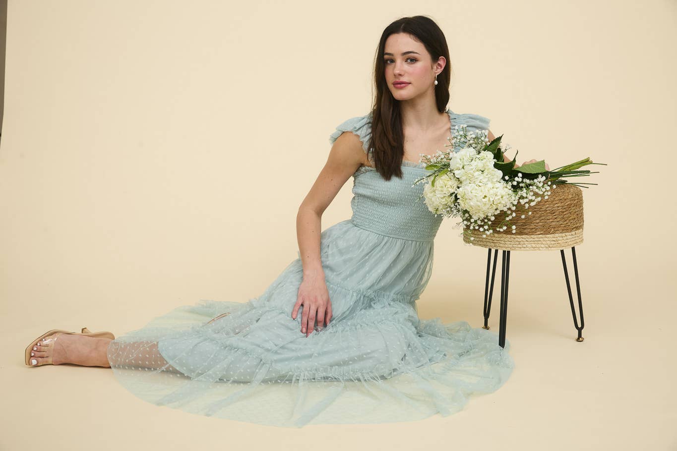 Polka Dot Chiffon Smocked Tiered Midi Dress in Sage