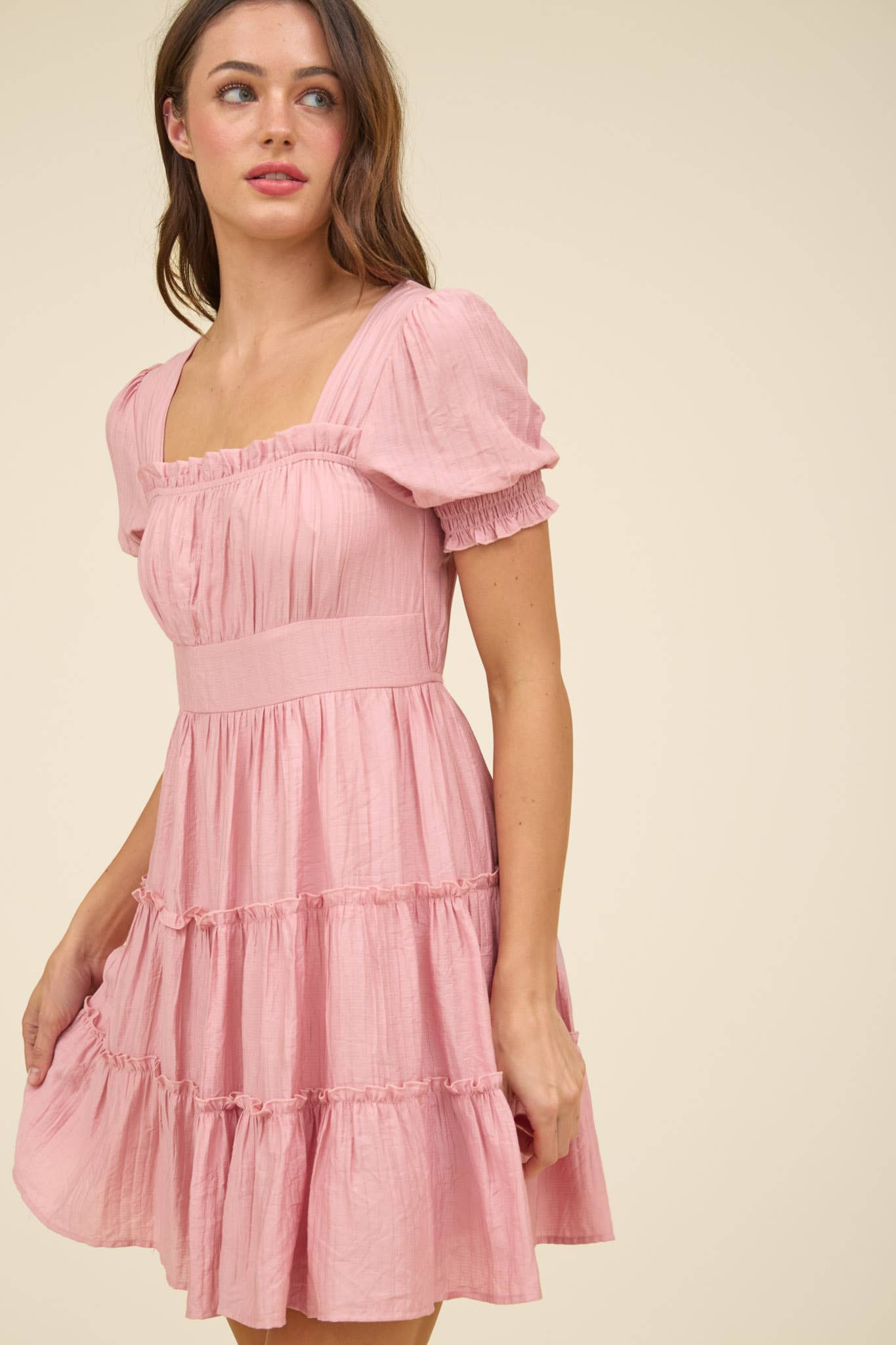 Pink Square Neck Smocked Mini Dress