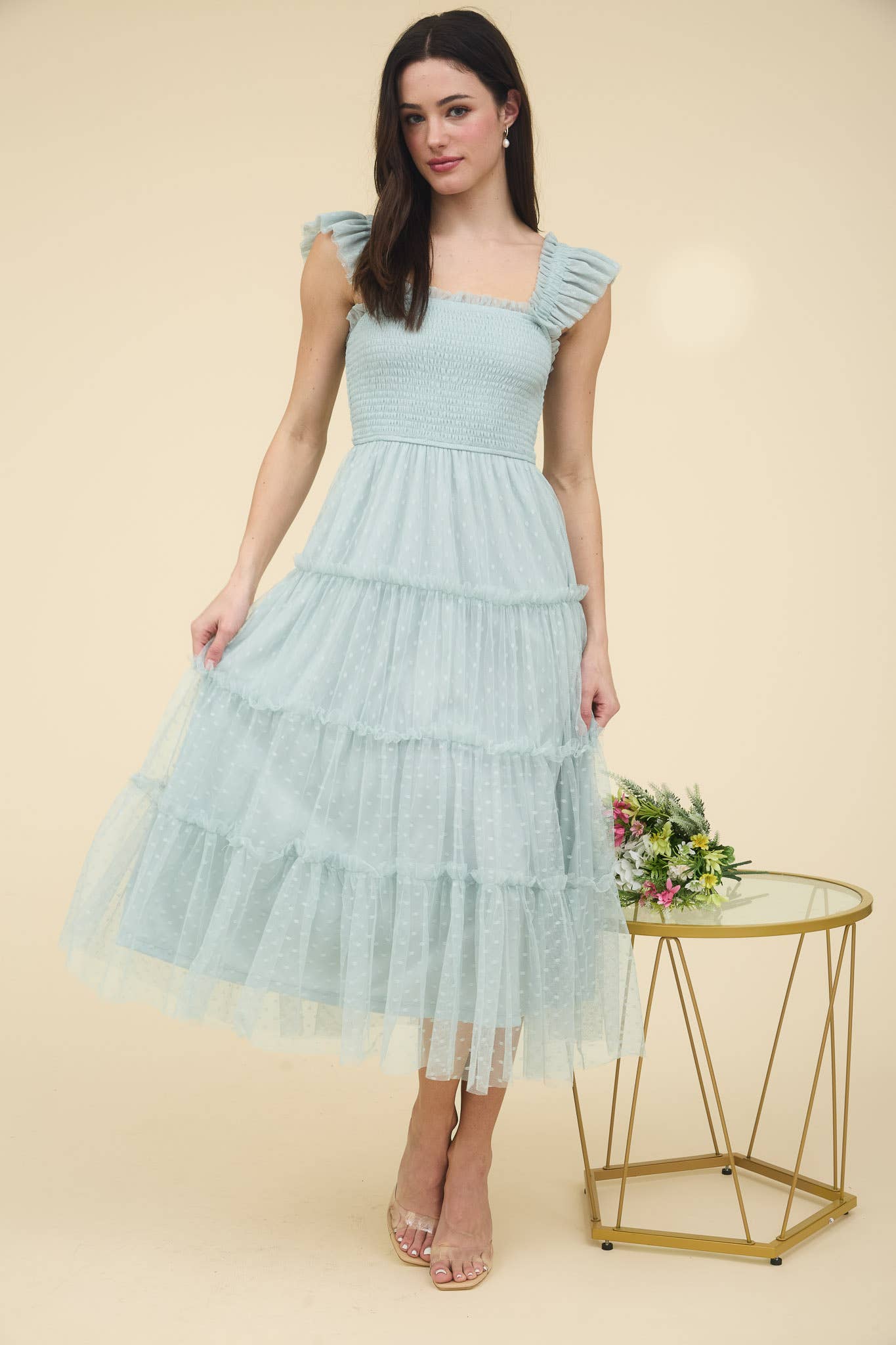 Polka Dot Chiffon Smocked Tiered Midi Dress in Sage