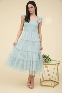 Polka Dot Chiffon Smocked Tiered Midi Dress in Sage