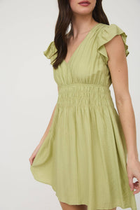 Kiwi Shirred Waist Ruffle Sleeve Mini Dress