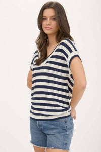 Navy Stripe Crochet Knit Short Sleeve Sweater