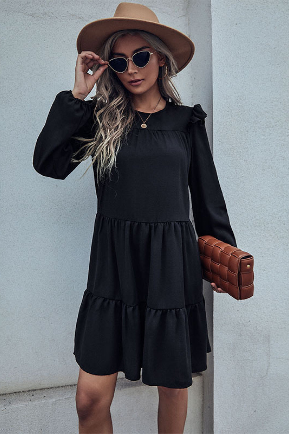 Black Ruffle Shoulder Tiered Dress