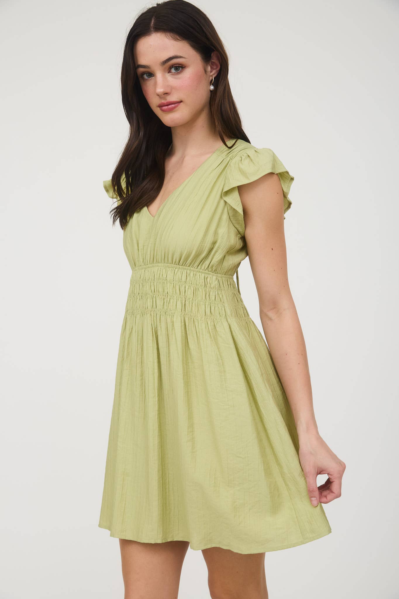 Kiwi Shirred Waist Ruffle Sleeve Mini Dress