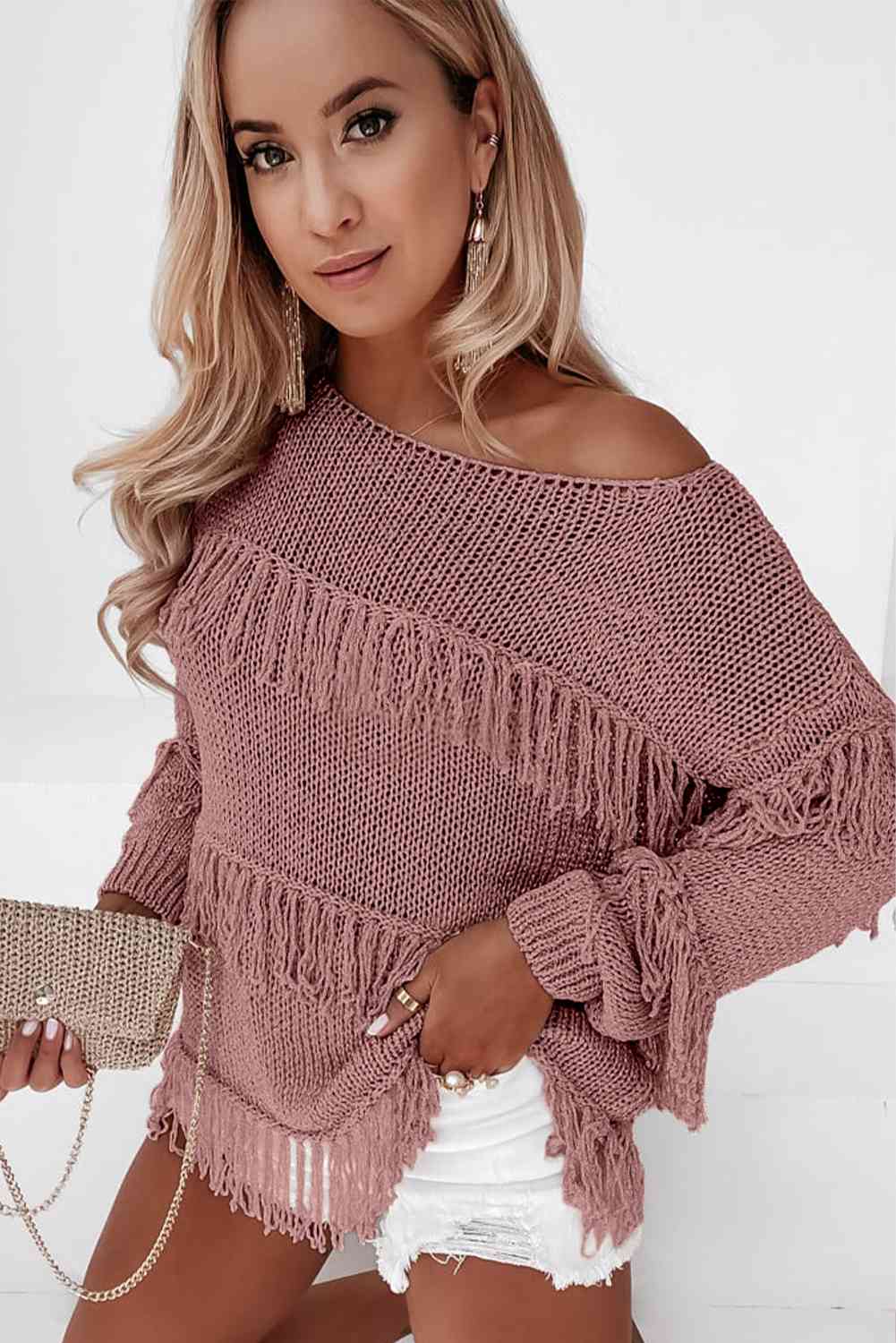 Moonlit Mauve Boatneck Fringe Sweater